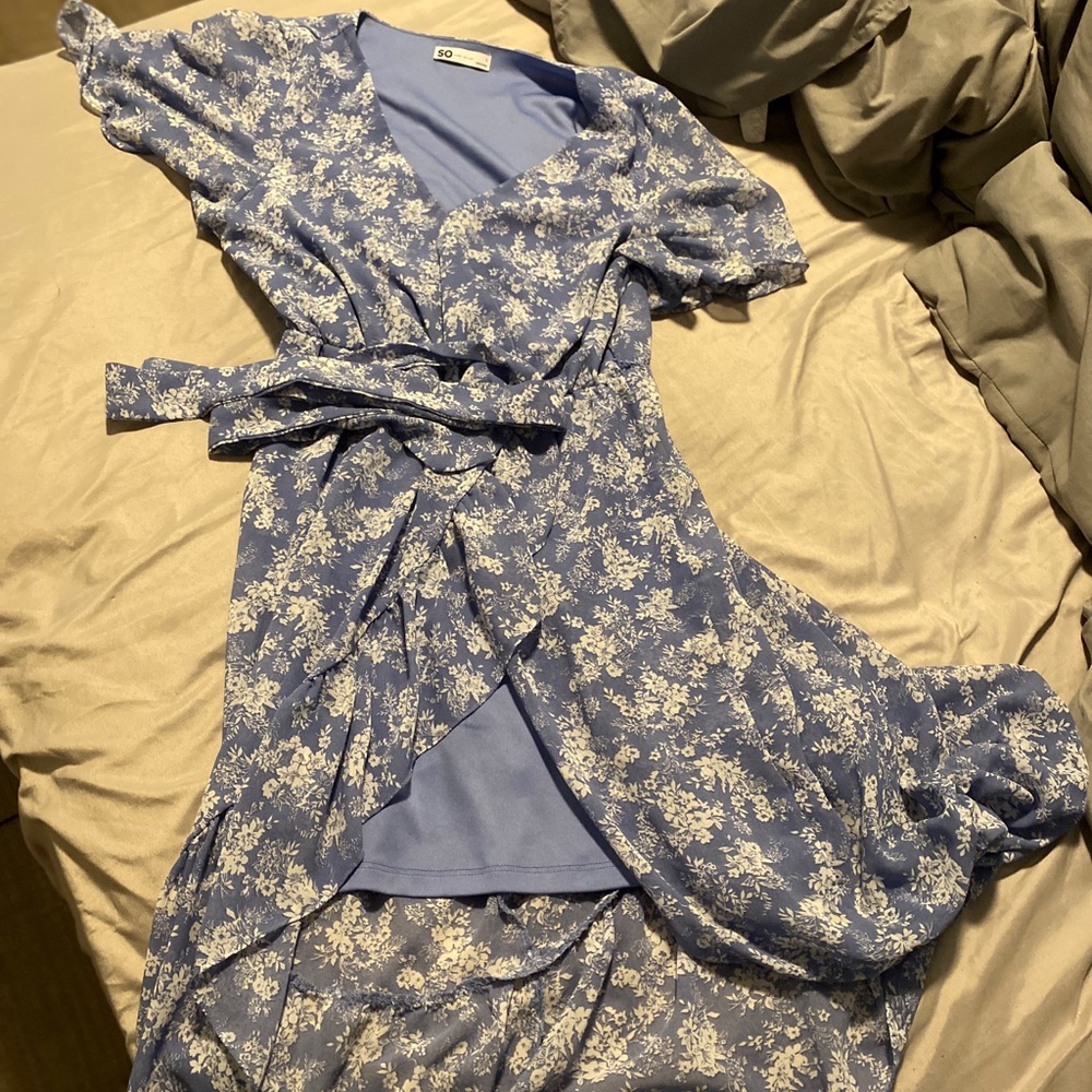 High-Low Blue Floral Dress with Belt